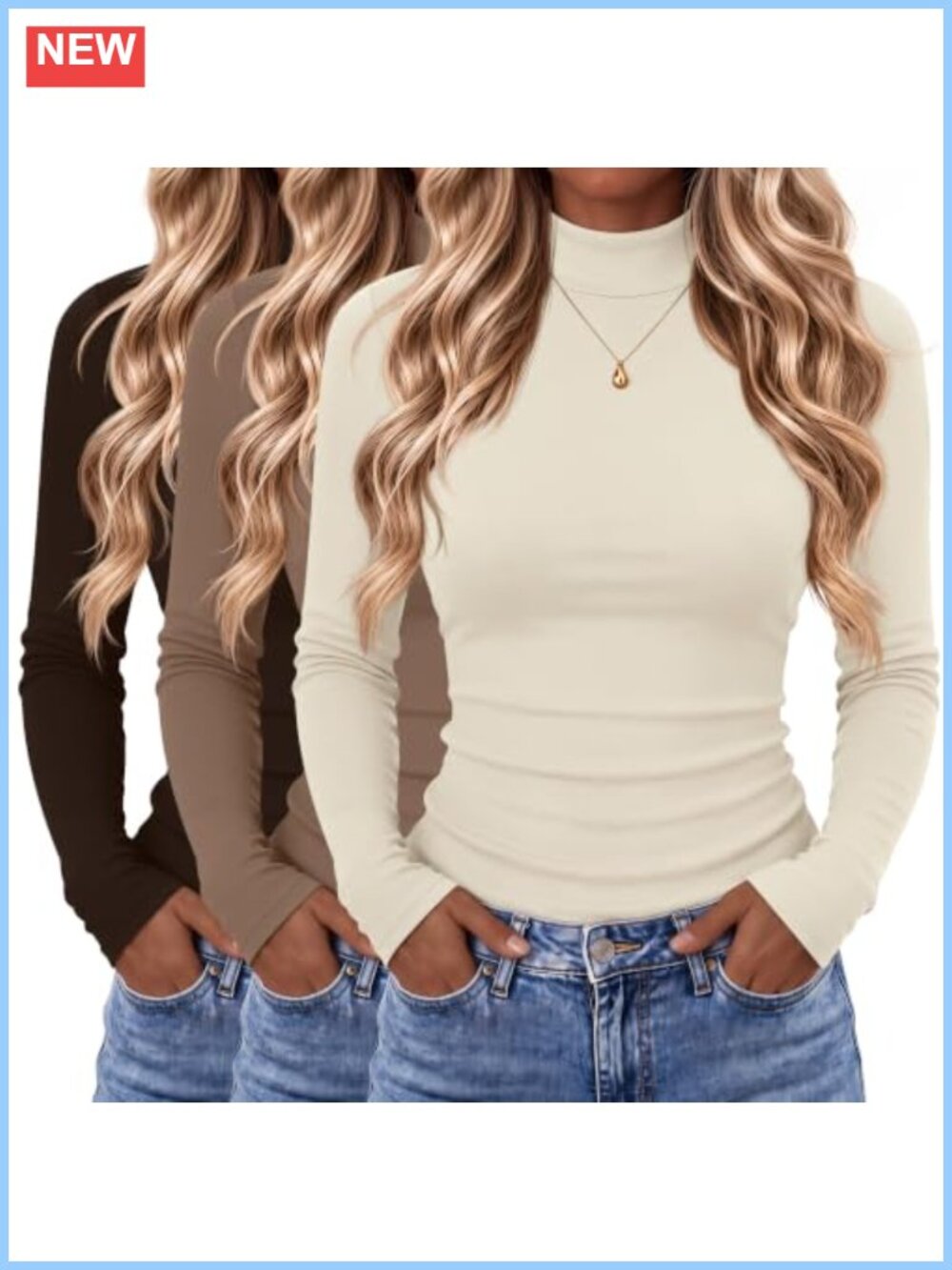 3 Pack Women's Turtleneck Long Sleeve Tops Slim Fit Stretch Base Layer Shirts